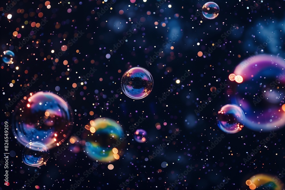 Iridescent bubbles glistening against a dark, starry night sky.