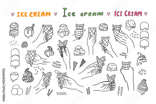 Set of hand with waffle cone. Ice cream constructor in doodle style. Prefabricated ice cream with various fillings, scoops and triple scoops ice cream. Waffle cones for ice cream. Hand drawn