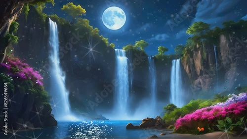 the beauty of a waterfall under the full moon with the nuances of beautiful flowers blooming and starry sky scenes, seamless looping time lapse virtual 4k video animation background. photo