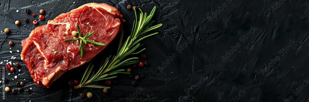 Raw steak with rosemary and peppercorns on a dark background, topdown view, dramatic lighting