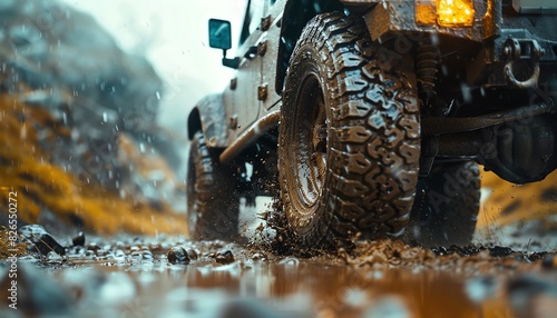 Offroad vehicles tire kicking up mud, action shot, rugged terrain photo