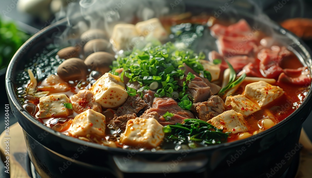 Steaming hot pot with fresh beef, mushrooms, tofu, and greens, top view, against a dark background