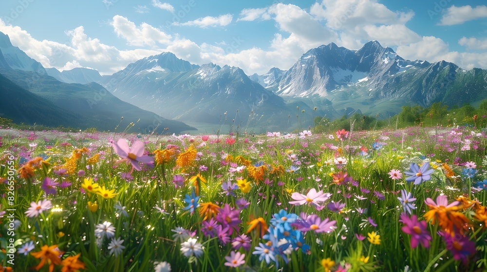 Fototapeta premium Vibrant Wildflower Carpet in Majestic Alpine Meadow with Towering Snow Capped Mountains