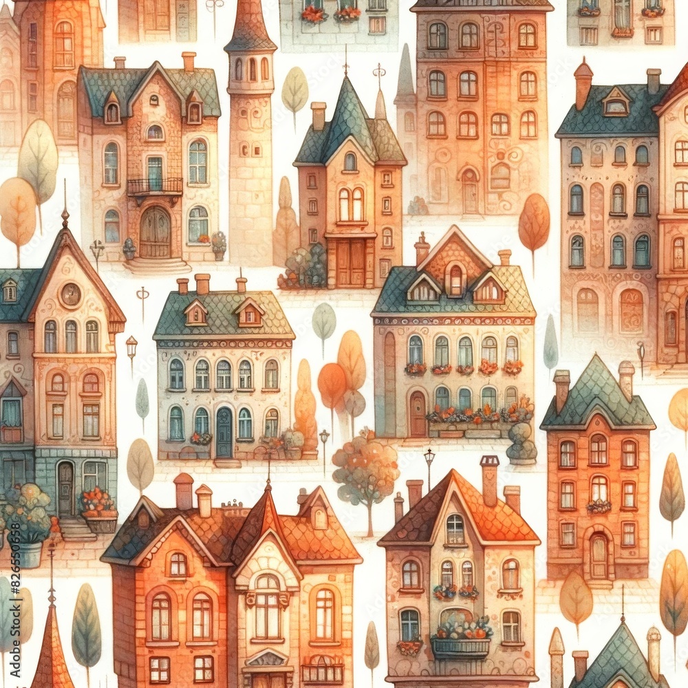 Whimsical village and town house illustrations featuring colorful and cozy homes. Watercolor pattern Illustration background.