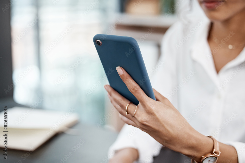 Hand, phone and text message with business person in office for corporate communication or networking. App, contact and mobile with professional employee closeup in workplace for online research Hand, phone and text message with business person in office for corporate communication or networking. App, contact and mobile with professional employee closeup in workplace for online research