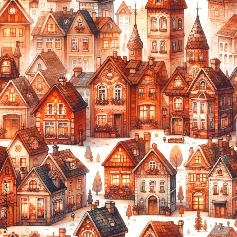Fototapeta premium Whimsical village and town house illustrations featuring colorful and cozy homes. Watercolor pattern Illustration background.