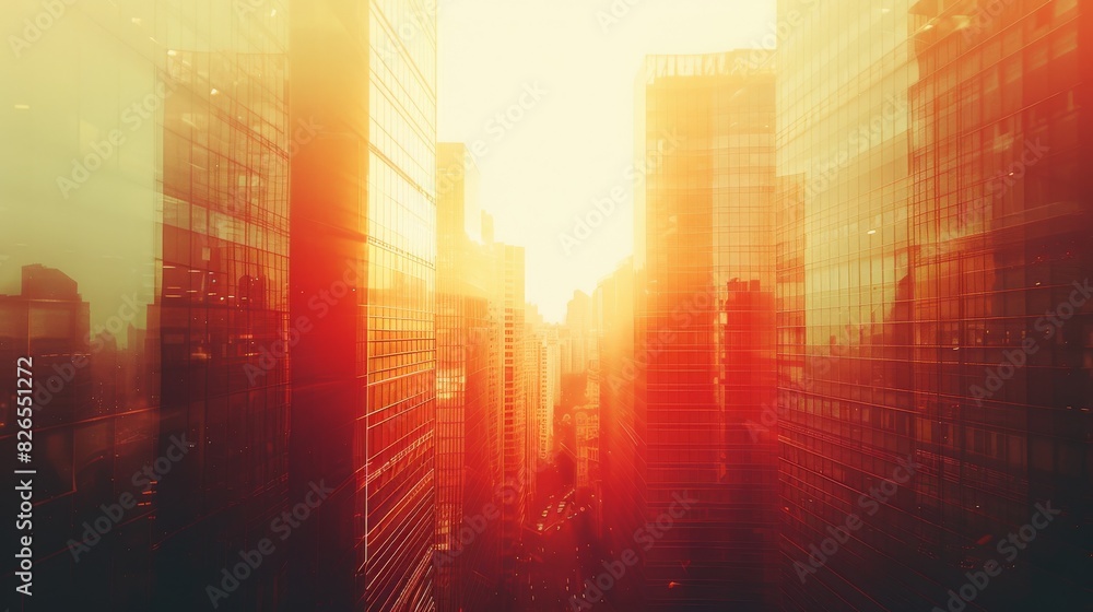 Obraz premium Metropolitan towers elevating with a clear sky background close up, focus on, copy space Vibrant urban tones Double exposure silhouette with tranquility