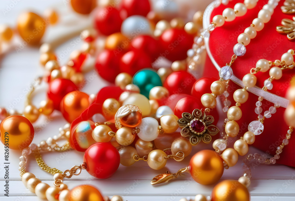 A close-up of a gift box with a veil and jewelry made of beads on a white wooden background A close-up of a gift box with a veil and jewelry made of beads on a white wooden background