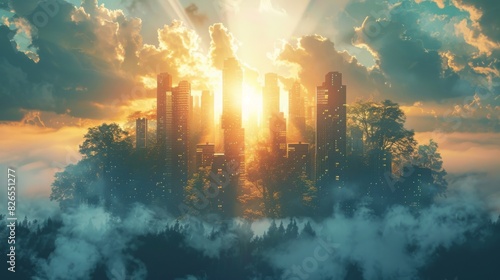 Futuristic towers expanding skyward with small trees close up, focus on, copy space Radiant urban skyline Double exposure silhouette with sustainability photo