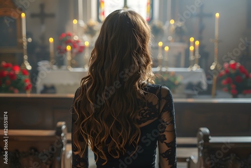 Woman in Lace Dress Contemplating Altar in Candlelit Church - Spiritual Reflection and Prayer