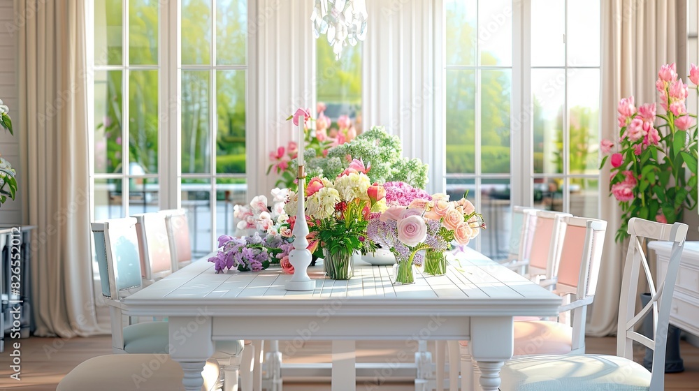 summer-style dining room with a white wooden table, pastel-colored chairs, and vibrant flower arrangements, bathed in natural light from large windows summer-style dining room with a white wooden table, pastel-colored chairs, and vibrant flower arrangements, bathed in natural light from large windows