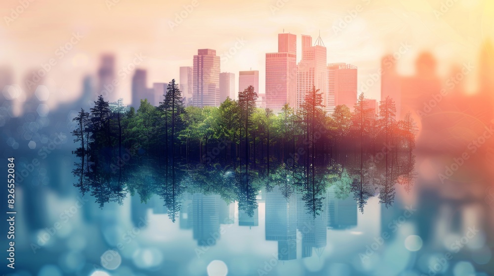 Fototapeta premium Cityscape expanding upward with small trees close up, focus on, copy space Lively downtown colors Double exposure silhouette with urban greenery