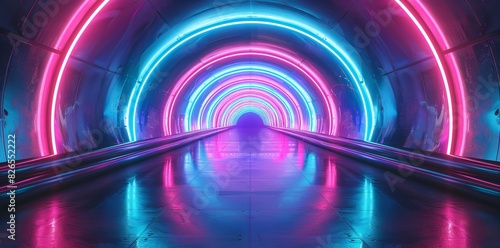 Abstract colorful tunnel with glowing lights and neon arches. Abstract background of futuristic corridor with reflections. Digital illustration.