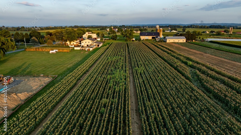 An Aerial View of Sunset Over Farmland and Rural Homes