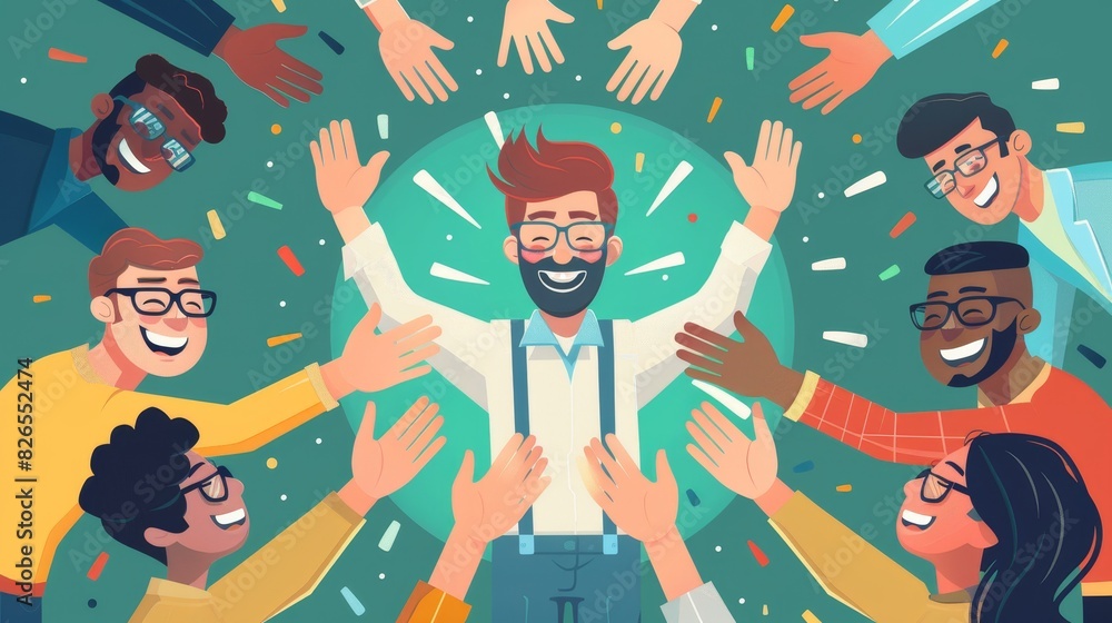 Leading with Joy: Team Leader and Members Celebrating Together with Clapping and Smiles Leading with Joy: Team Leader and Members Celebrating Together with Clapping and Smiles