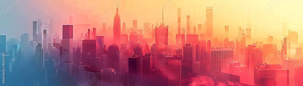Urban skyline growing taller in a major city close up, focus on, copy space Brilliant city hues Double exposure silhouette with city growth Urban skyline growing taller in a major city close up, focus on, copy space Brilliant city hues Double exposure silhouette with city growth