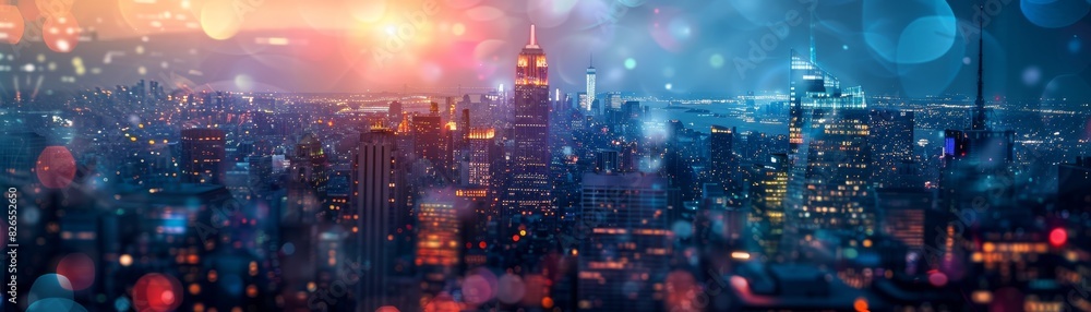 Obraz premium Highrise structures extending with bright lights close up, focus on, copy space Bold cityscape colors Double exposure silhouette with luminous city