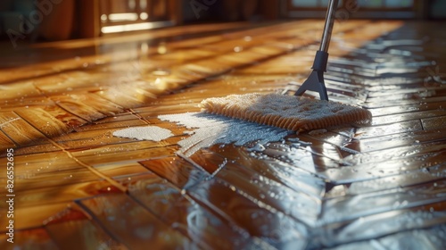 Sunlit Hardwood Floor Cleaning with Mop and Sudsy Water © Anastasiia