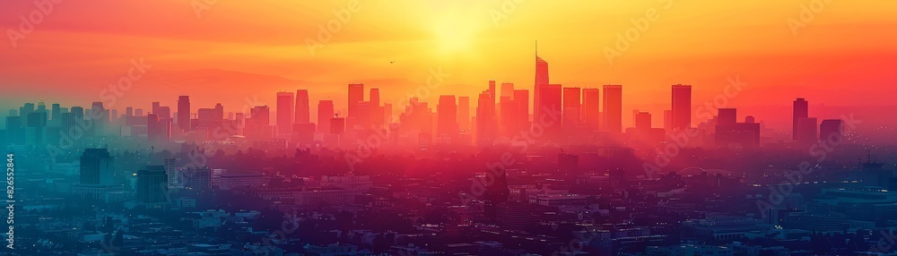Obraz premium Urban skyline growing taller in a major city close up, focus on, copy space Brilliant city hues Double exposure silhouette with city growth
