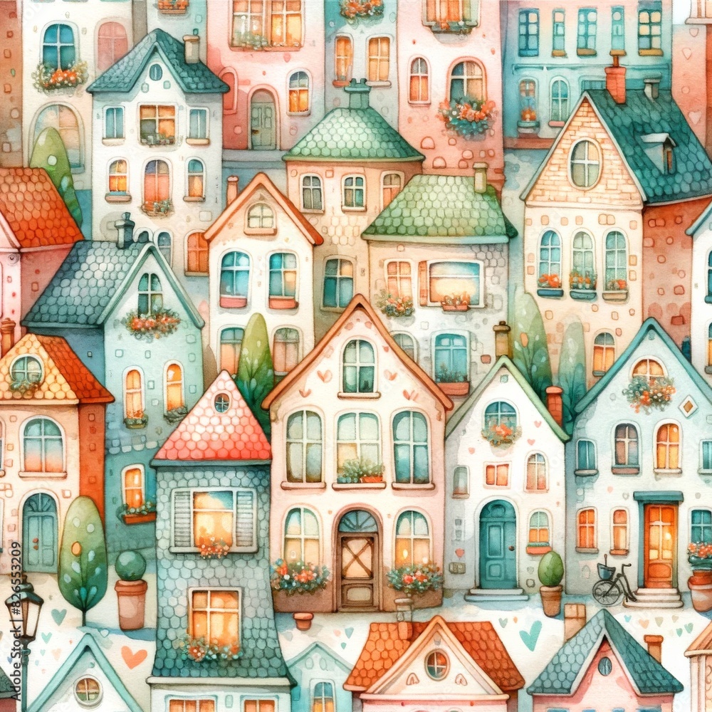 Naklejka premium Whimsical village and town house illustrations featuring colorful and cozy homes. Watercolor pattern Illustration background.