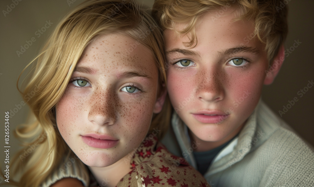 Two Siblings (Girl and Boy, Sister and Brother) Face Portrait Two Siblings (Girl and Boy, Sister and Brother) Face Portrait
