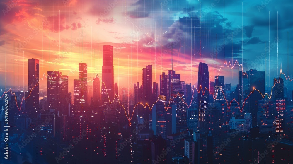 Urban skyline growing taller with an upward arrow close up, focus on, copy space Brilliant city hues Double exposure silhouette with ambition Urban skyline growing taller with an upward arrow close up, focus on, copy space Brilliant city hues Double exposure silhouette with ambition