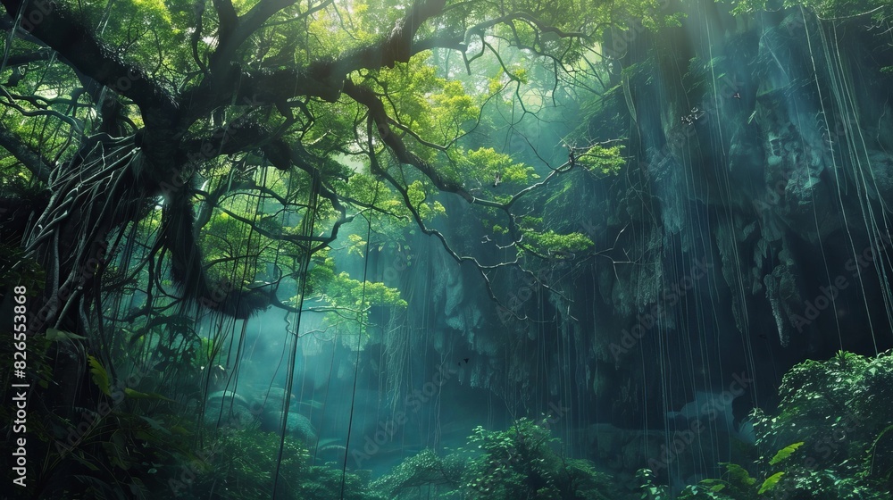 Majestic view of a lush, green rainforest with sunlight filtering through the trees, creating a serene and enchanting atmosphere. Majestic view of a lush, green rainforest with sunlight filtering through the trees, creating a serene and enchanting atmosphere.