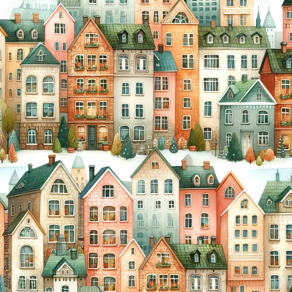 Fototapeta premium Whimsical village and town house illustrations featuring colorful and cozy homes. Watercolor pattern Illustration background.