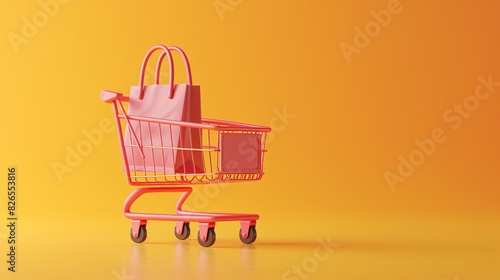 Minimalist shopping cart with a paper bag on a vibrant yellow background, symbolizing online shopping and retail concept.