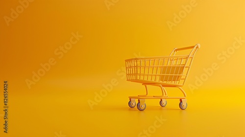 Minimalist yellow shopping cart on yellow background. Retail and grocery concept with vibrant color and modern design, ideal for e-commerce themes.