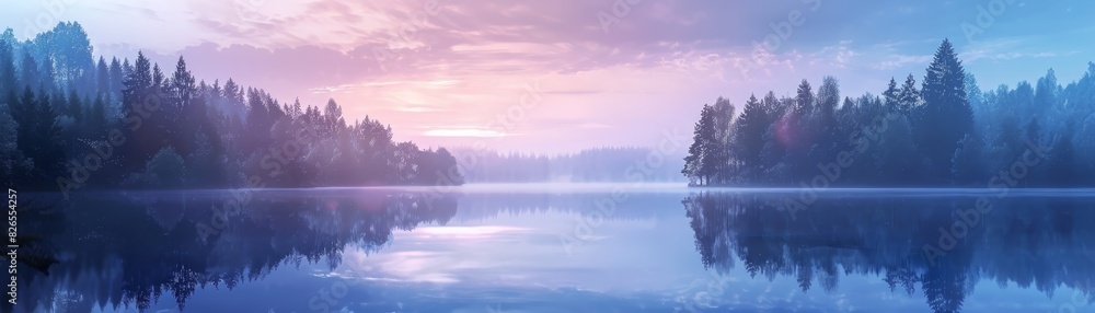 Fototapeta premium Serene lake with misty mountains reflecting in the calm water at sunrise, with soothing pastel hues in the sky and a peaceful atmosphere.
