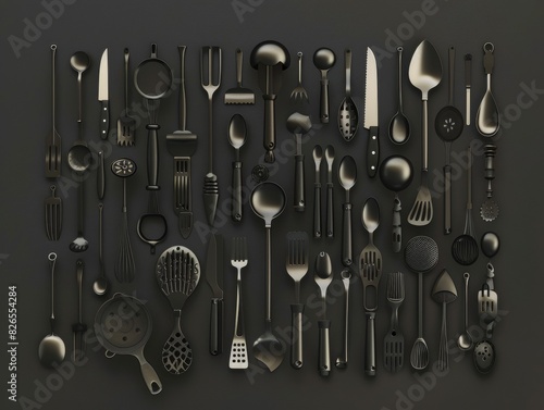 Illustrate the concept of Culinary Identity through a digital collage of various kitchen utensils from different cultures forming a cohesive silhouette photo