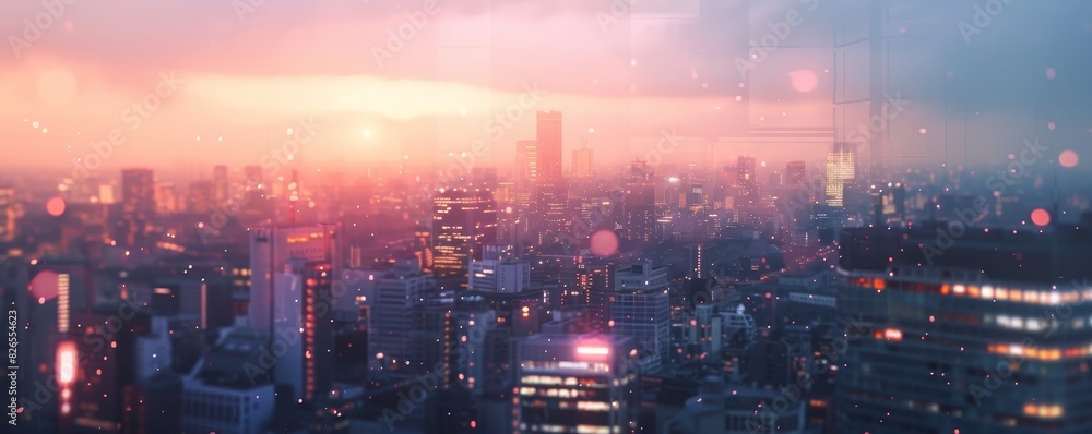 Fototapeta premium Stunning cityscape of a bustling metropolis at sunset, showcasing modern skyscrapers and vibrant city lights against a serene sky.