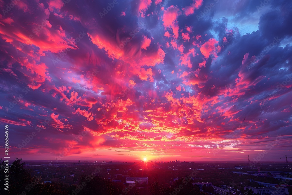 Naklejka premium Epic Urban Sunset with Dramatic Sky over Cityscape - Stunning Landscape Photography