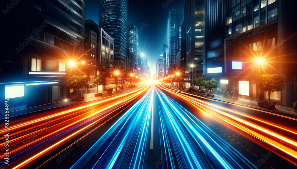 A dynamic and realistic nighttime city street scene with light trails from moving cars A dynamic and realistic nighttime city street scene with light trails from moving cars