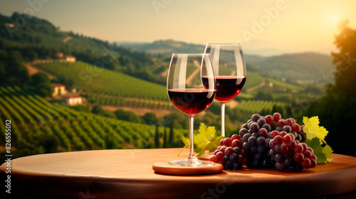 Two glass of red wine and grapes in vineyard