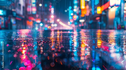 Vibrant city street at night with colorful lights reflecting on the wet pavement, creating a dreamy and surreal urban atmosphere.