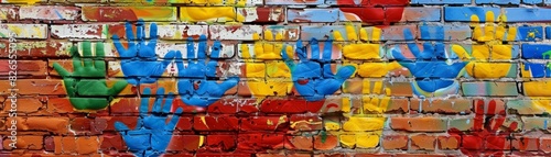 Vibrant handprint graffiti art on a brick wall featuring colorful palms in green, blue, and yellow, creating an energetic and playful street art vibe.