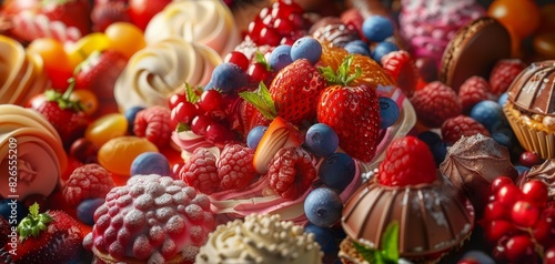 Berries and cream. Fresh organic strawberries, blueberries and raspberries with cream for healthy dessert © Pornarun