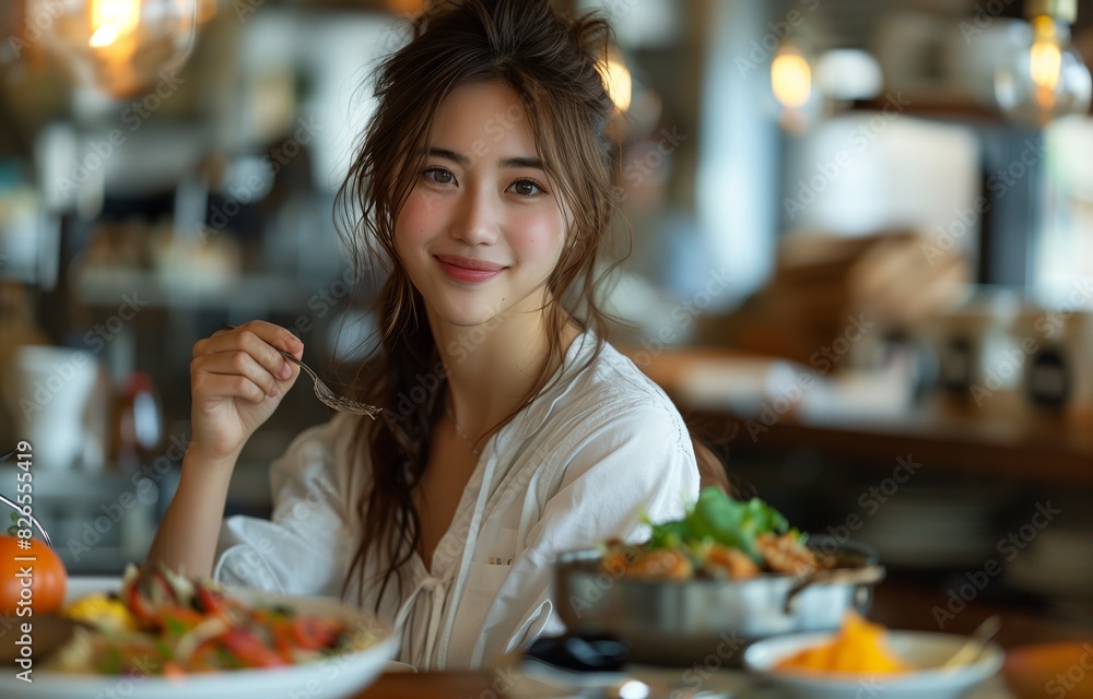 smiling woman sits at the dining table enjoying her meal, radiating contentment smiling woman sits at the dining table enjoying her meal, radiating contentment