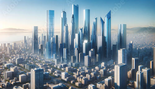 A realistic aerial view of a modern cityscape during daytime with clear blue skies