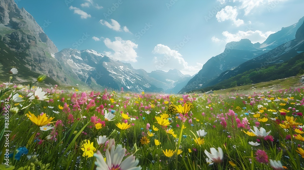 Vibrant Alpine Meadow with Towering Mountain Backdrop Showcasing Serene Spring Splendor