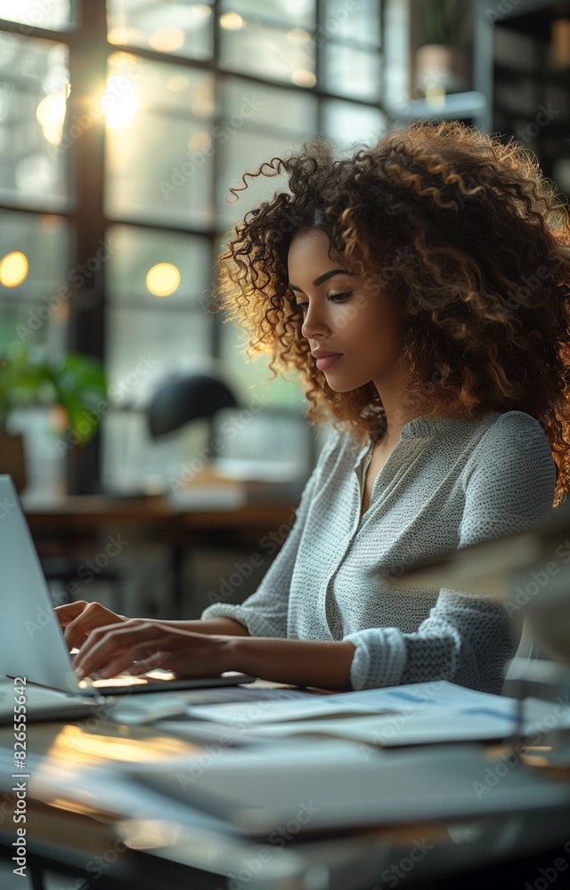 focused businesswoman efficiently manages tasks on her laptop within her office workspace focused businesswoman efficiently manages tasks on her laptop within her office workspace