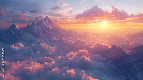 Majestic Mountain Panorama Bathed in Vibrant Sunset Glow and Ethereal Cloud Sea