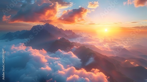 Awe Inspiring Mountain Panorama with Glowing Sunrise Illuminating Towering Peaks and Mysterious Cloud Filled Valleys