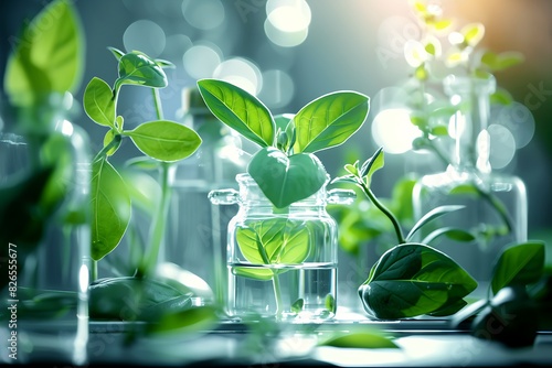 botany laboratory with various glass containers holding lush green plant cuttings, bokeh effect