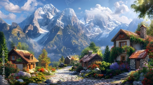 Charming Mountain Village with Cozy Cottages and Majestic Peaks in Serene Natural Setting