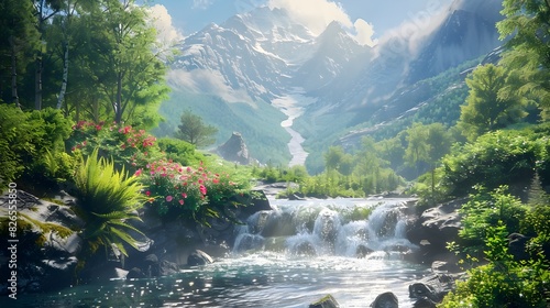 Majestic Mountain Stream Flowing Through Lush Forested Landscape with Towering Peaks in the Background photo