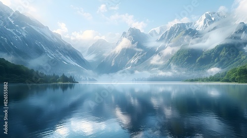 Majestic Mountain Lake at Dawn with Misty Reflection and Rugged Peaks Bathed in First Light of Day © Thares2020