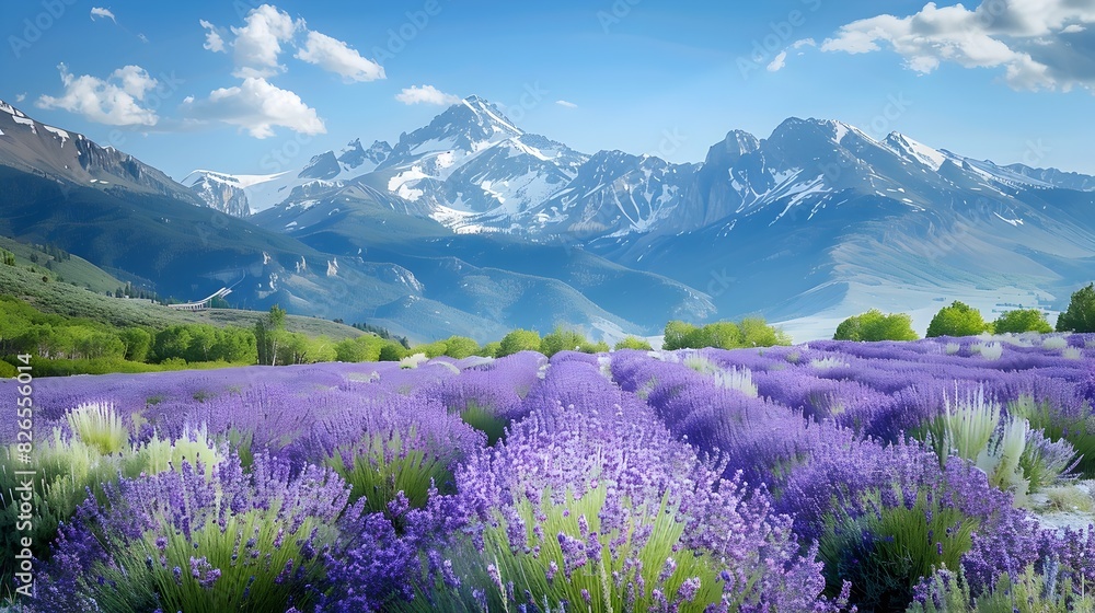custom made wallpaper toronto digitalPeaceful Mountain Landscape with Lavender Field and Snow Capped Peaks